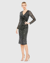 Black and Silver Sequined Faux Wrap V Neck Long Sleeve Midi Dress